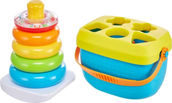 Baby’s First Blocks & Rock-a-Stack Toy Set, Bucket of 10 Shapes & Ring Stacking Activity, Ages 6+ Months, Pack of 2
