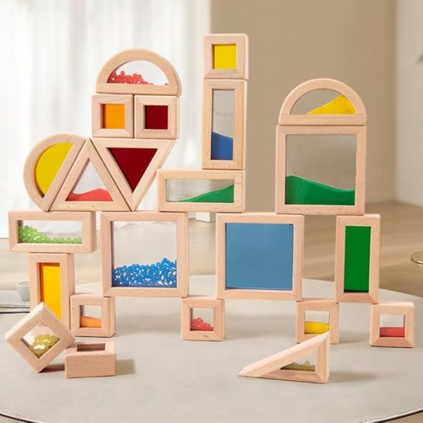 Rainbow Sensory Blocks, 15 Pcs Large Wooden Building Blocks, Geometric Stacking Toys