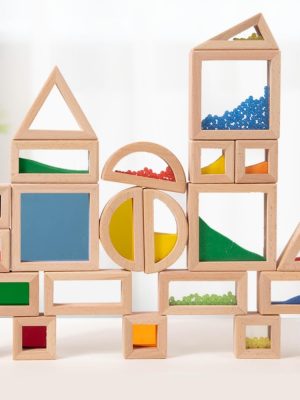 Rainbow Sensory Blocks, 15 Pcs Large Wooden Building Blocks, Geometric Stacking Toys