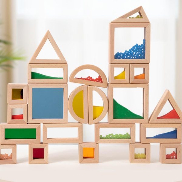 Rainbow Sensory Blocks, 15 Pcs Large Wooden Building Blocks, Geometric Stacking Toys