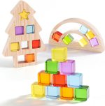 Wooden Building Blocks Set, Rainbow & Christmas Tree Frame, 24 PCS Acrylic Gem Cubes, Montessori Stacking Toys