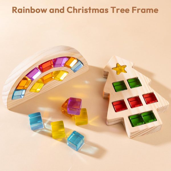 Wooden Building Blocks Set, Rainbow & Christmas Tree Frame, 24 PCS Acrylic Gem Cubes, Montessori Stacking Toys
