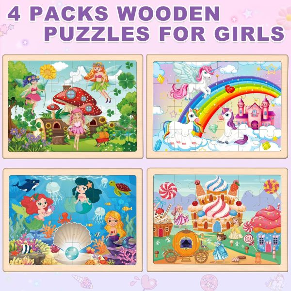 Princess Unicorn Mermaid Fairy Puzzles for Kids Ages 4-6, 4 Packs Wooden Jigsaw Puzzles for Toddlers Girls 2-4, Preschool Educational Puzzles Boards Toys Gifts for Girls Boys 3 4 5 6